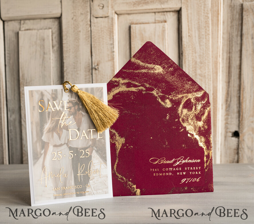 SAVE THE DATES photo vellum plexi  Maroon Tassel Gold Marble Save the Date Cards with Photo, Burgundy Vellum Save Our Dates with Photo Gold Foil Calendar Cards 
