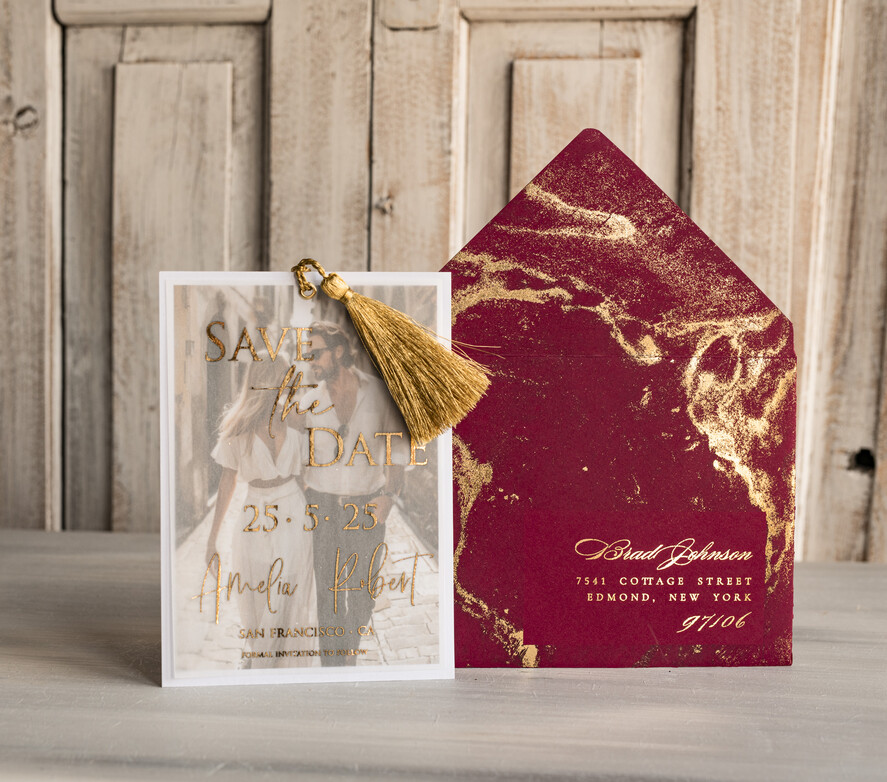 SAVE THE DATES photo vellum plexi  Maroon Tassel Gold Marble Save the Date Cards with Photo, Burgundy Vellum Save Our Dates with Photo Gold Foil Calendar Cards 