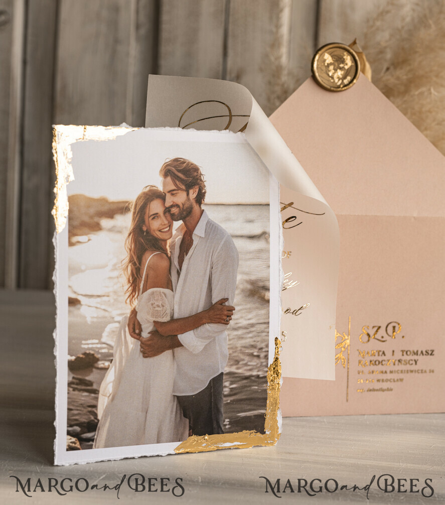 SAVE THE DATES photo vellum plexi  Blush Pink and Gold Deckled Edges Save the Date Cards with Photo, Boho Vellum Golden Save Our Dates with Photo 