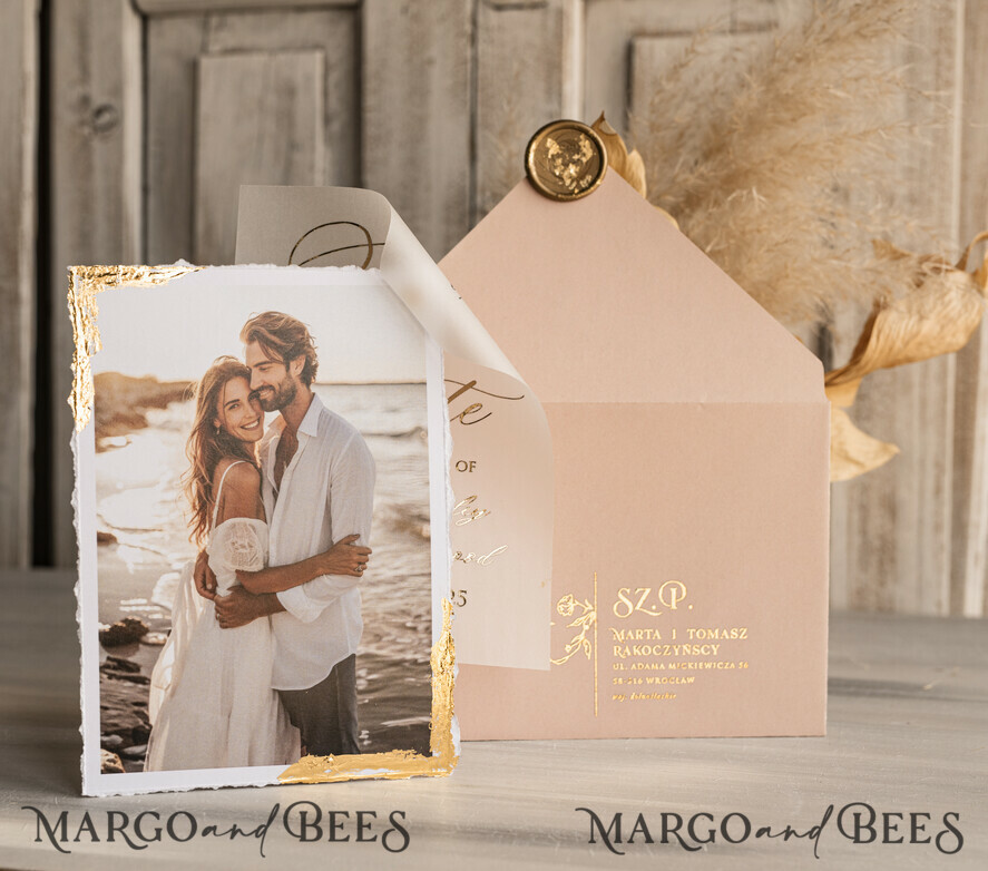 SAVE THE DATES photo vellum plexi  Blush Pink and Gold Deckled Edges Save the Date Cards with Photo, Boho Vellum Golden Save Our Dates with Photo 