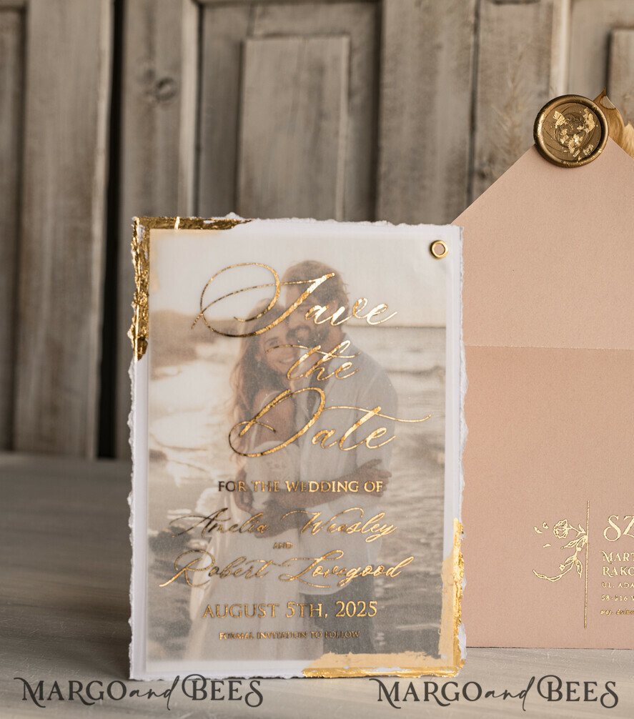 SAVE THE DATES photo vellum plexi  Blush Pink and Gold Deckled Edges Save the Date Cards with Photo, Boho Vellum Golden Save Our Dates with Photo 