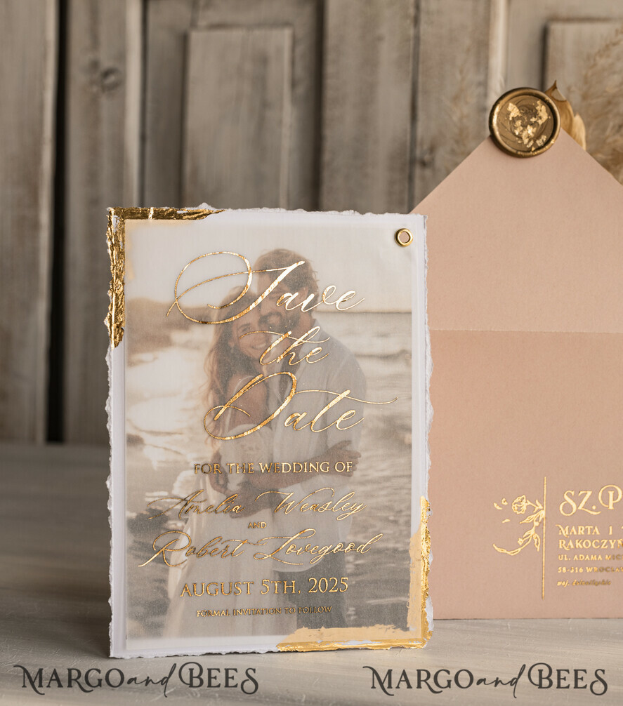 SAVE THE DATES photo vellum plexi  Blush Pink and Gold Deckled Edges Save the Date Cards with Photo, Boho Vellum Golden Save Our Dates with Photo 