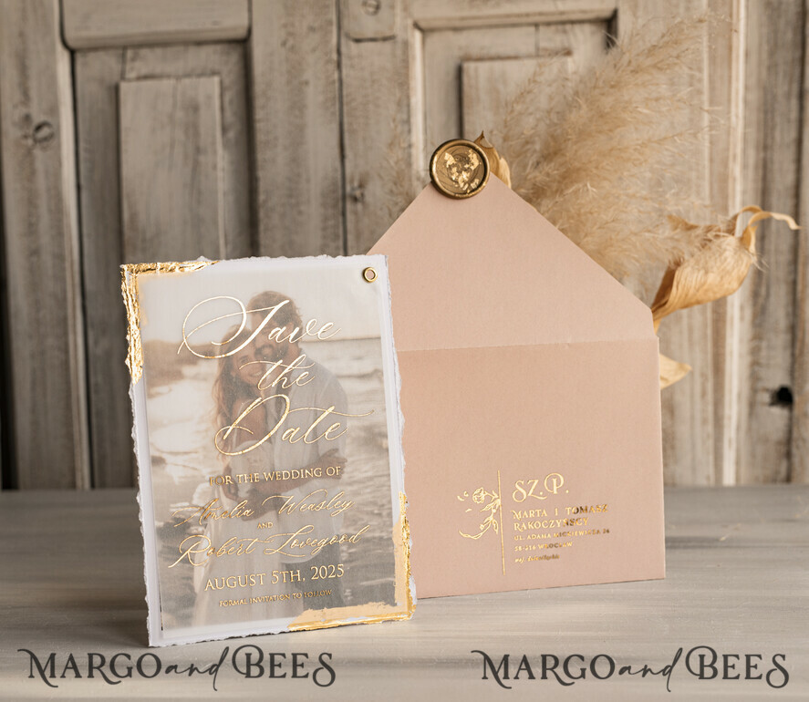 SAVE THE DATES photo vellum plexi  Blush Pink and Gold Deckled Edges Save the Date Cards with Photo, Boho Vellum Golden Save Our Dates with Photo 