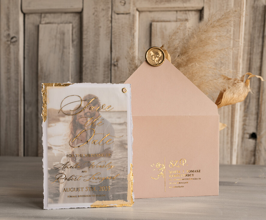 SAVE THE DATES photo vellum plexi  Blush Pink and Gold Deckled Edges Save the Date Cards with Photo, Boho Vellum Golden Save Our Dates with Photo 