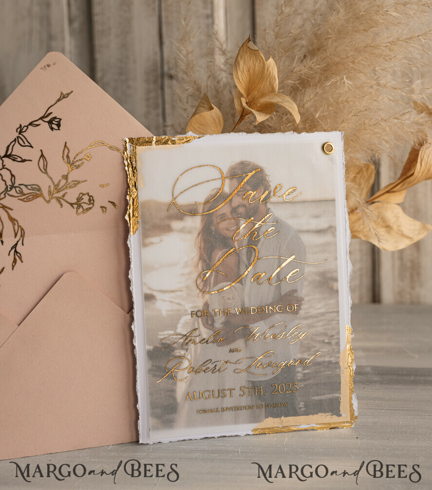 SAVE THE DATES photo vellum plexi  Blush Pink and Gold Deckled Edges Save the Date Cards with Photo, Boho Vellum Golden Save Our Dates with Photo 