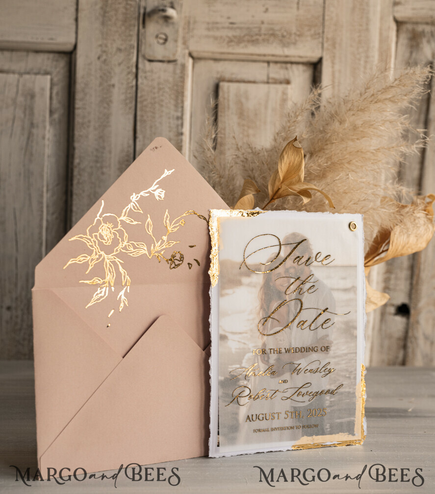 SAVE THE DATES photo vellum plexi  Blush Pink and Gold Deckled Edges Save the Date Cards with Photo, Boho Vellum Golden Save Our Dates with Photo 