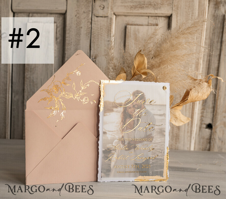 SAVE THE DATES photo vellum plexi  Blush Pink and Gold Deckled Edges Save the Date Cards with Photo, Boho Vellum Golden Save Our Dates with Photo 