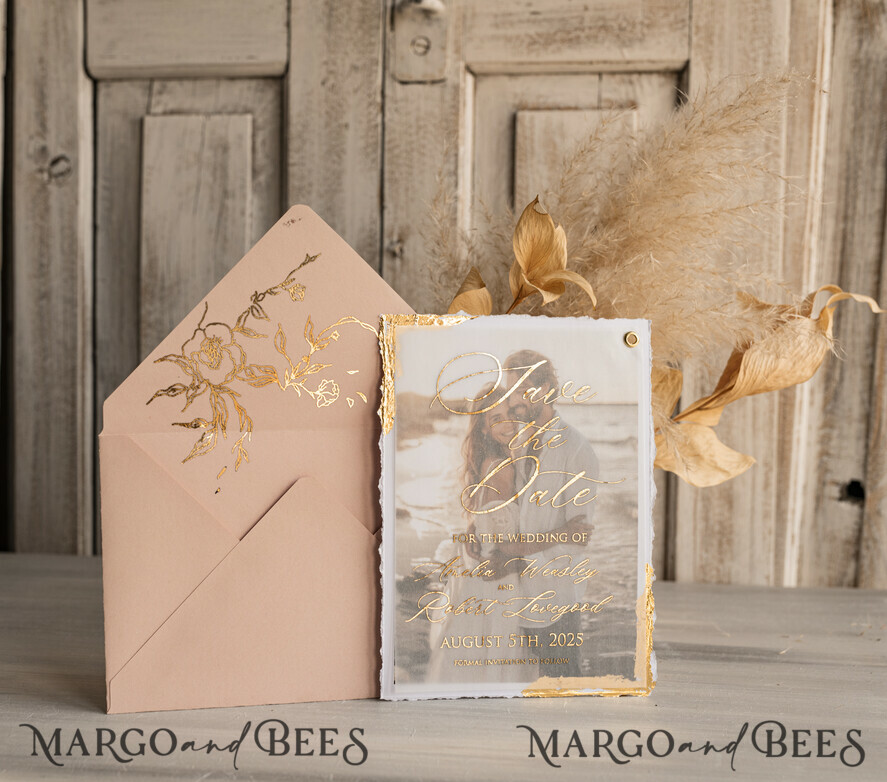 SAVE THE DATES photo vellum plexi  Blush Pink and Gold Deckled Edges Save the Date Cards with Photo, Boho Vellum Golden Save Our Dates with Photo 