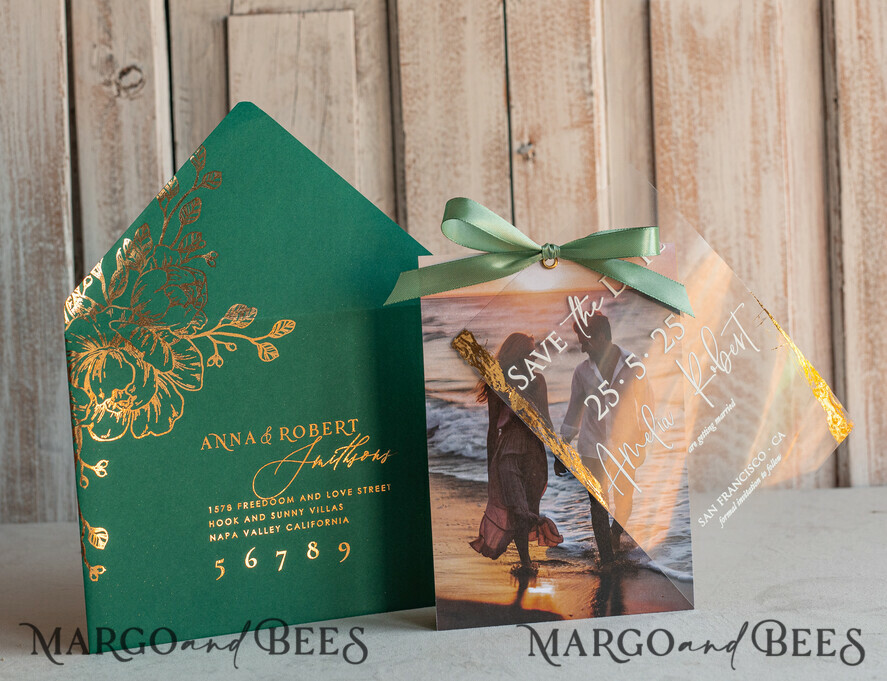 SAVE THE DATES photo vellum plexi  Emerald green Velvet Clear Gold Save the Date Cards with Photo, Plexi Save Our Dates with Photo 