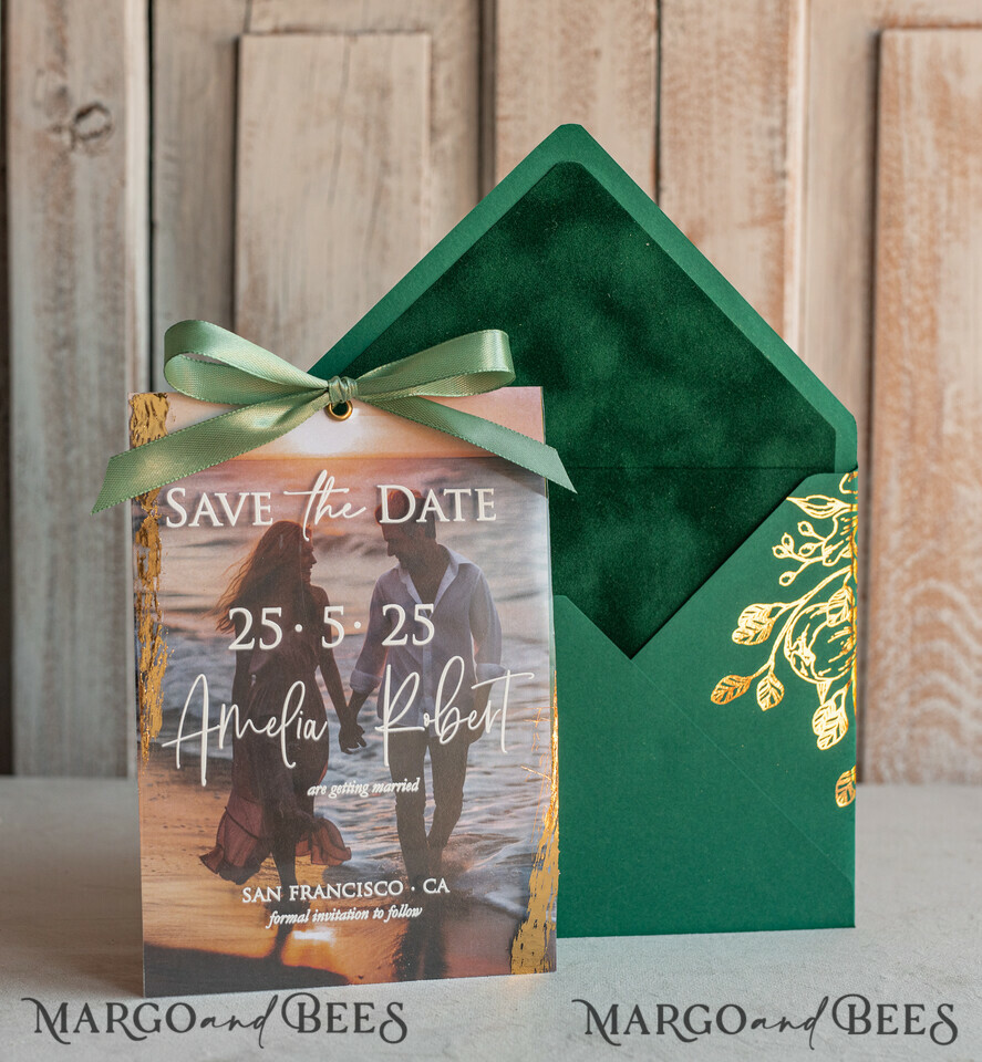 SAVE THE DATES photo vellum plexi  Emerald green Velvet Clear Gold Save the Date Cards with Photo, Plexi Save Our Dates with Photo 