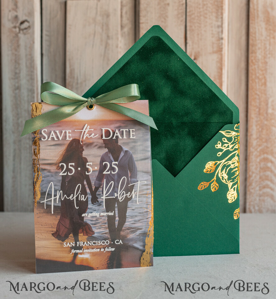 SAVE THE DATES photo vellum plexi  Emerald green Velvet Clear Gold Save the Date Cards with Photo, Plexi Save Our Dates with Photo 
