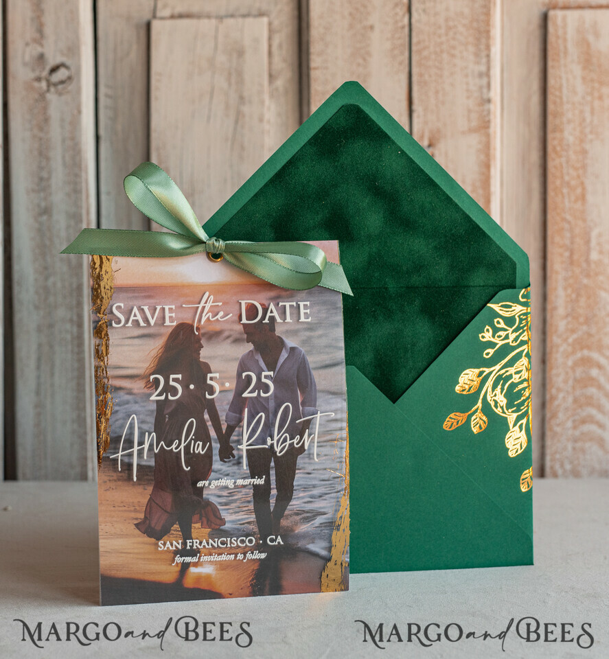 SAVE THE DATES photo vellum plexi  Emerald green Velvet Clear Gold Save the Date Cards with Photo, Plexi Save Our Dates with Photo 