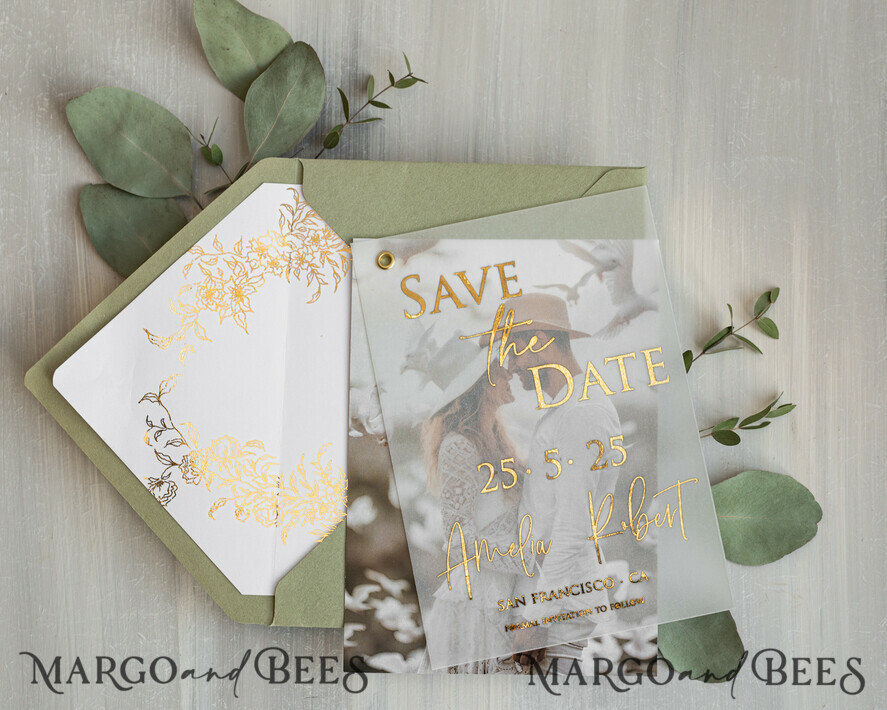 SAVE THE DATES photo vellum plexi  sage green Gold eucalyptus Save the Date Cards with Photo, Vellum Save Our Dates with Photo Gold Foil Calendar Cards 