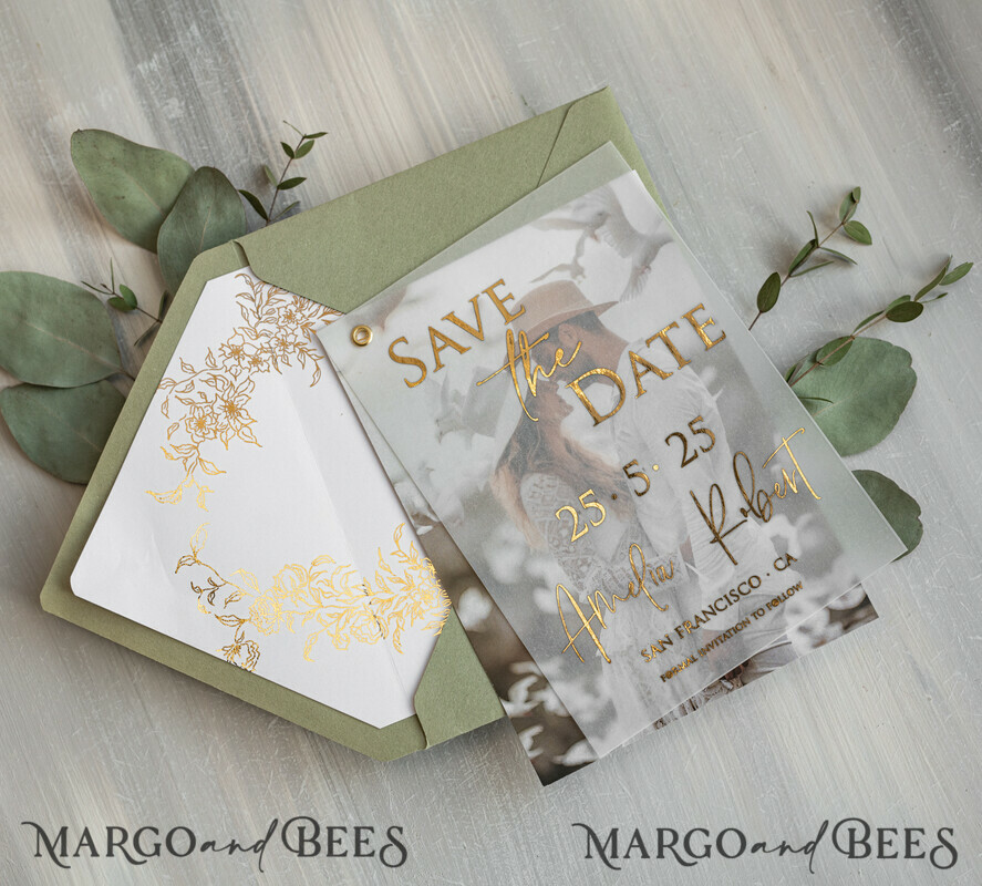SAVE THE DATES photo vellum plexi  sage green Gold eucalyptus Save the Date Cards with Photo, Vellum Save Our Dates with Photo Gold Foil Calendar Cards 