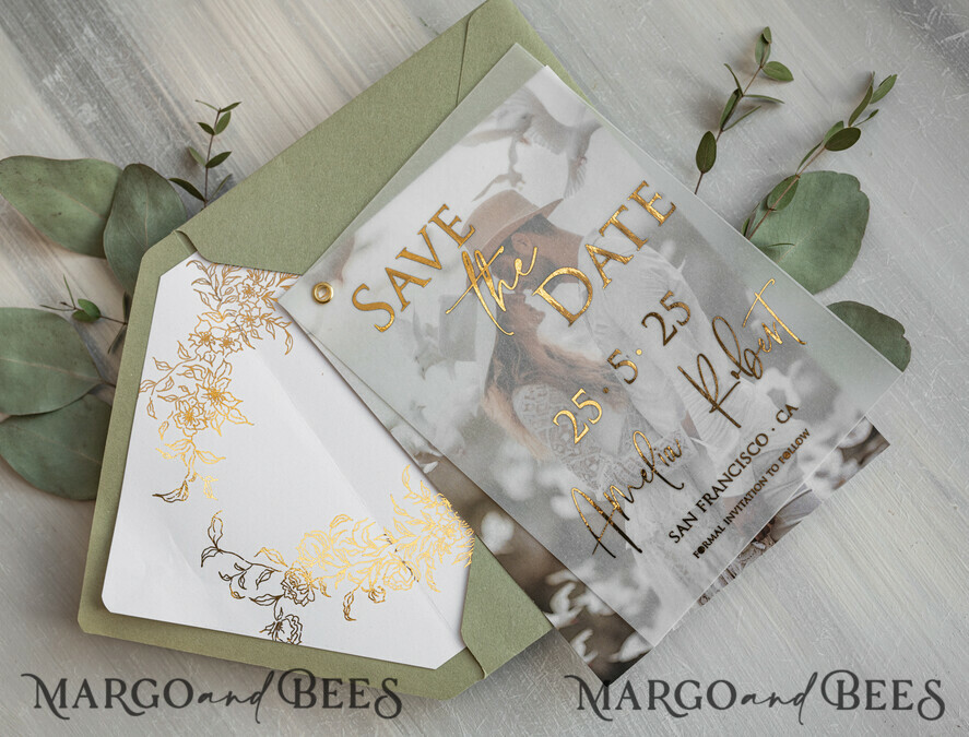 SAVE THE DATES photo vellum plexi  sage green Gold eucalyptus Save the Date Cards with Photo, Vellum Save Our Dates with Photo Gold Foil Calendar Cards 