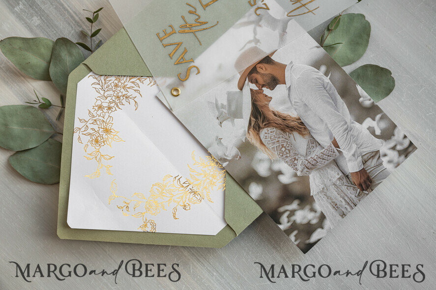 SAVE THE DATES photo vellum plexi  sage green Gold eucalyptus Save the Date Cards with Photo, Vellum Save Our Dates with Photo Gold Foil Calendar Cards 