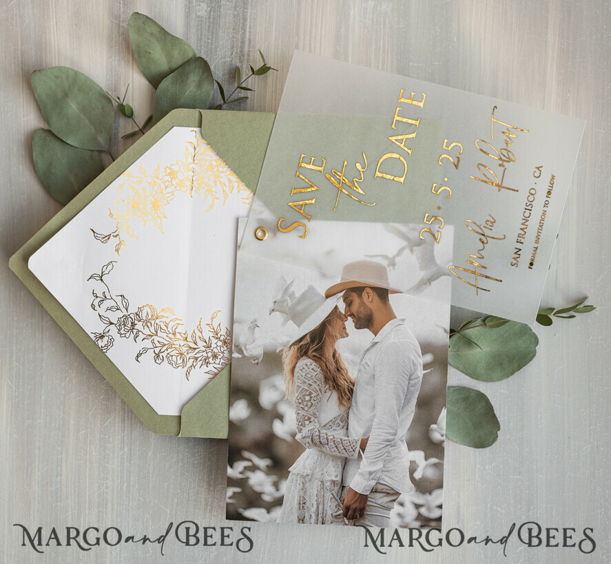 SAVE THE DATES photo vellum plexi  sage green Gold eucalyptus Save the Date Cards with Photo, Vellum Save Our Dates with Photo Gold Foil Calendar Cards 