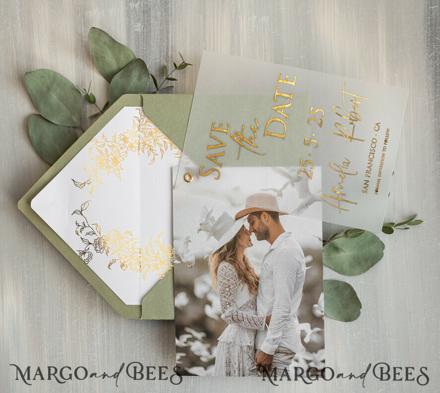SAVE THE DATES photo vellum plexi  sage green Gold eucalyptus Save the Date Cards with Photo, Vellum Save Our Dates with Photo Gold Foil Calendar Cards 