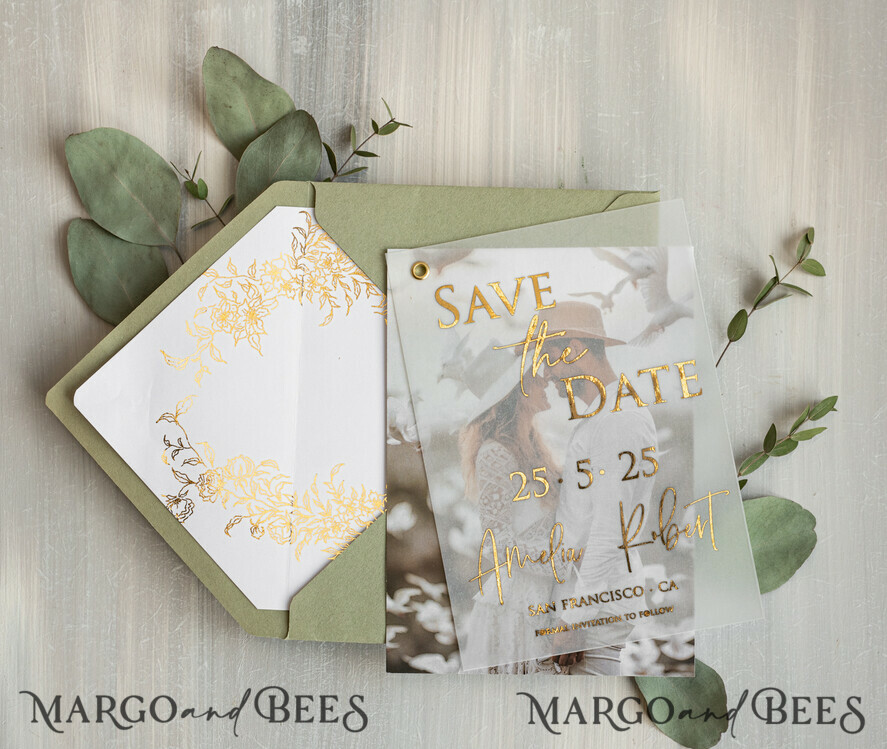 SAVE THE DATES photo vellum plexi  sage green Gold eucalyptus Save the Date Cards with Photo, Vellum Save Our Dates with Photo Gold Foil Calendar Cards 