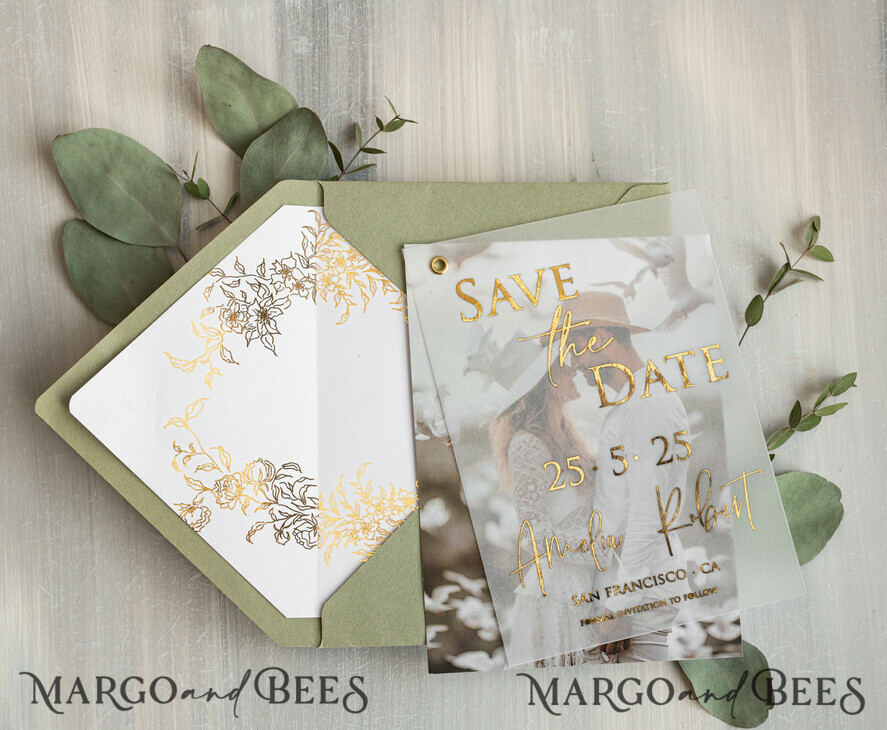 SAVE THE DATES photo vellum plexi  sage green Gold eucalyptus Save the Date Cards with Photo, Vellum Save Our Dates with Photo Gold Foil Calendar Cards 