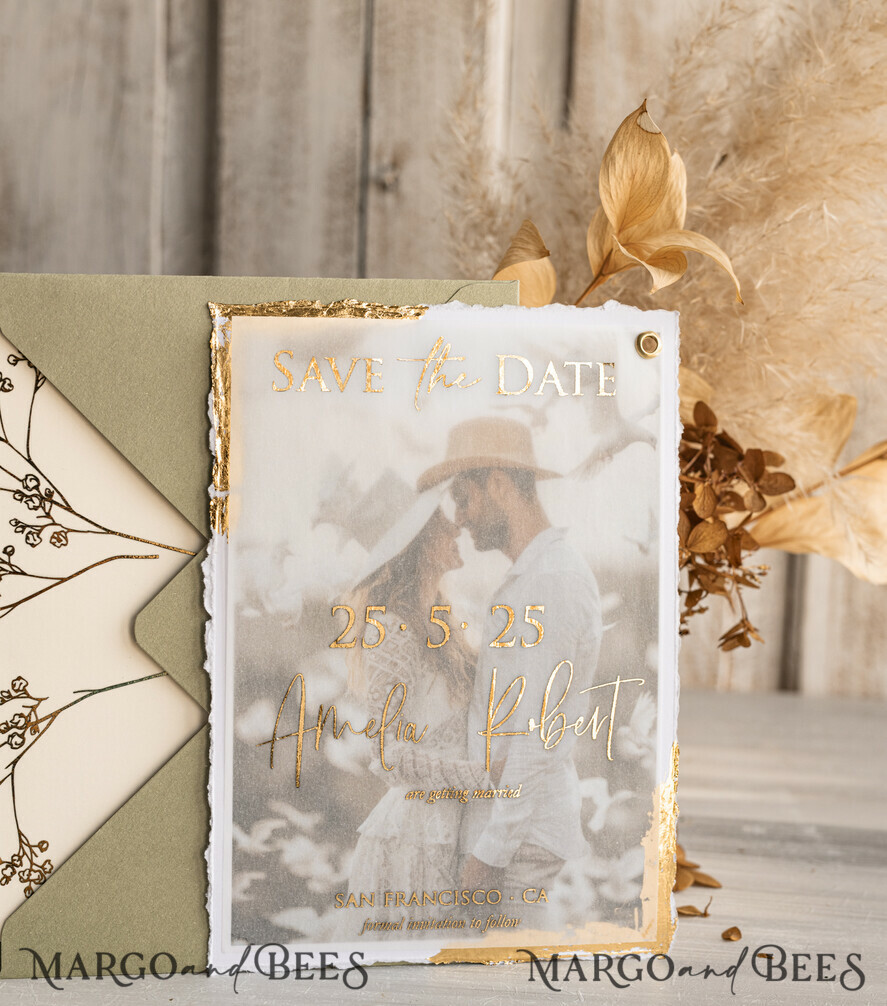 SAVE THE DATES photo vellum plexi  Sage green  and Gold Deckled Edges Save the Date Cards with Photo, Boho Vellum Golden Save Our Dates with Photo 