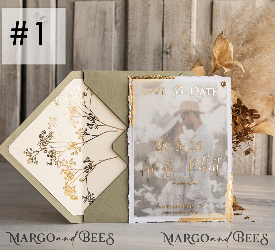 SAVE THE DATES photo vellum plexi  Sage green  and Gold Deckled Edges Save the Date Cards with Photo, Boho Vellum Golden Save Our Dates with Photo 