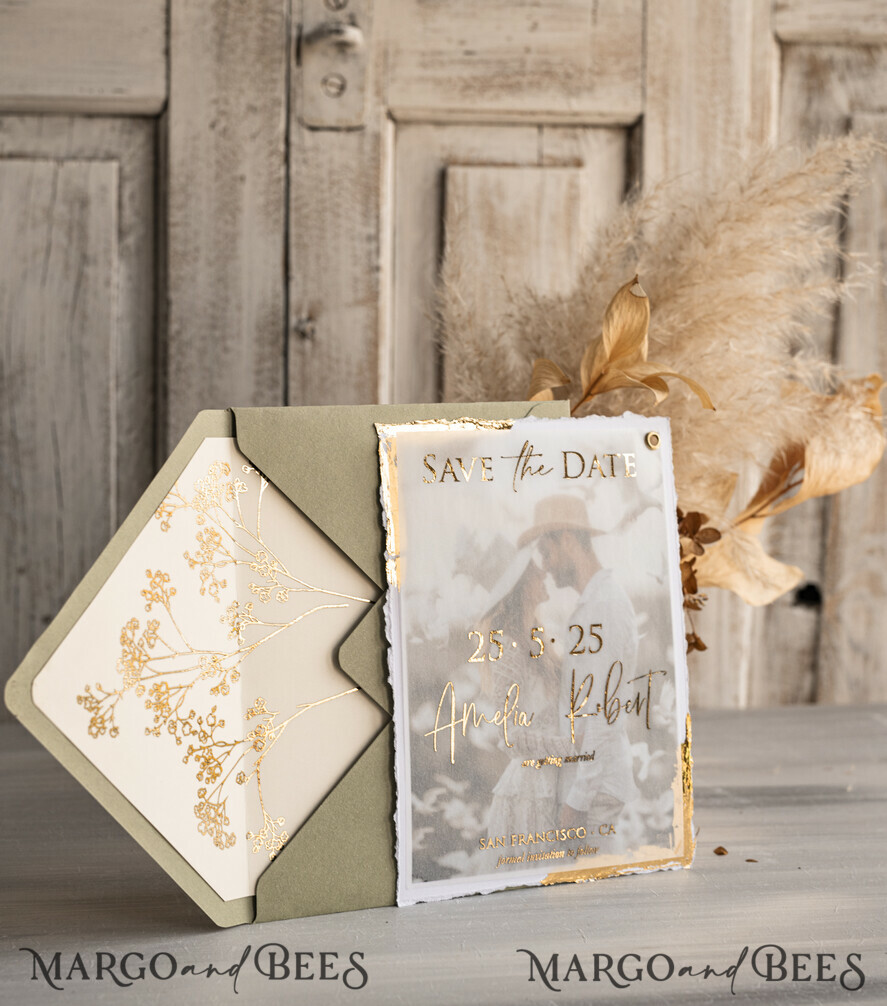 SAVE THE DATES photo vellum plexi  Sage green  and Gold Deckled Edges Save the Date Cards with Photo, Boho Vellum Golden Save Our Dates with Photo 