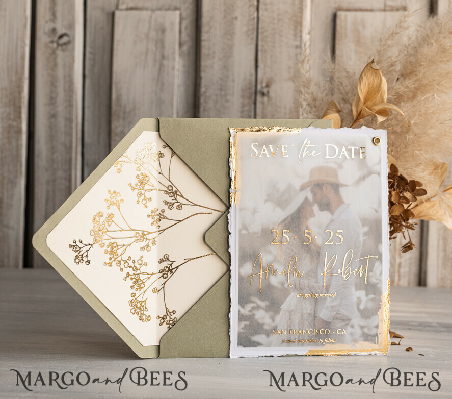 SAVE THE DATES photo vellum plexi  Sage green  and Gold Deckled Edges Save the Date Cards with Photo, Boho Vellum Golden Save Our Dates with Photo 