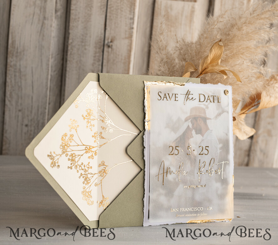 SAVE THE DATES photo vellum plexi  Sage green  and Gold Deckled Edges Save the Date Cards with Photo, Boho Vellum Golden Save Our Dates with Photo 