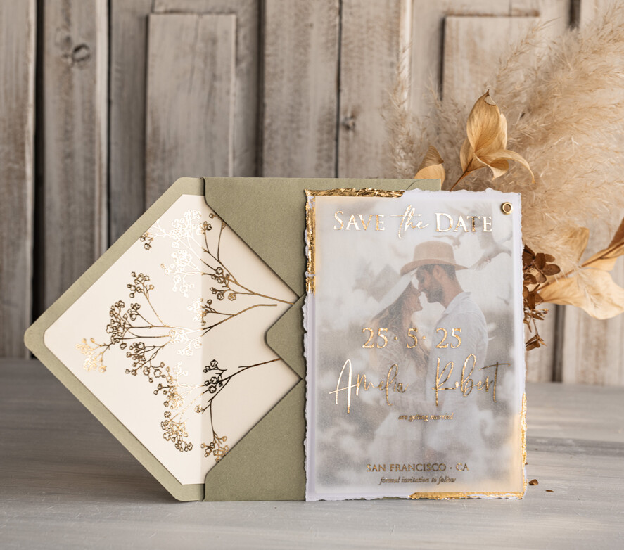 SAVE THE DATES photo vellum plexi  Sage green  and Gold Deckled Edges Save the Date Cards with Photo, Boho Vellum Golden Save Our Dates with Photo 