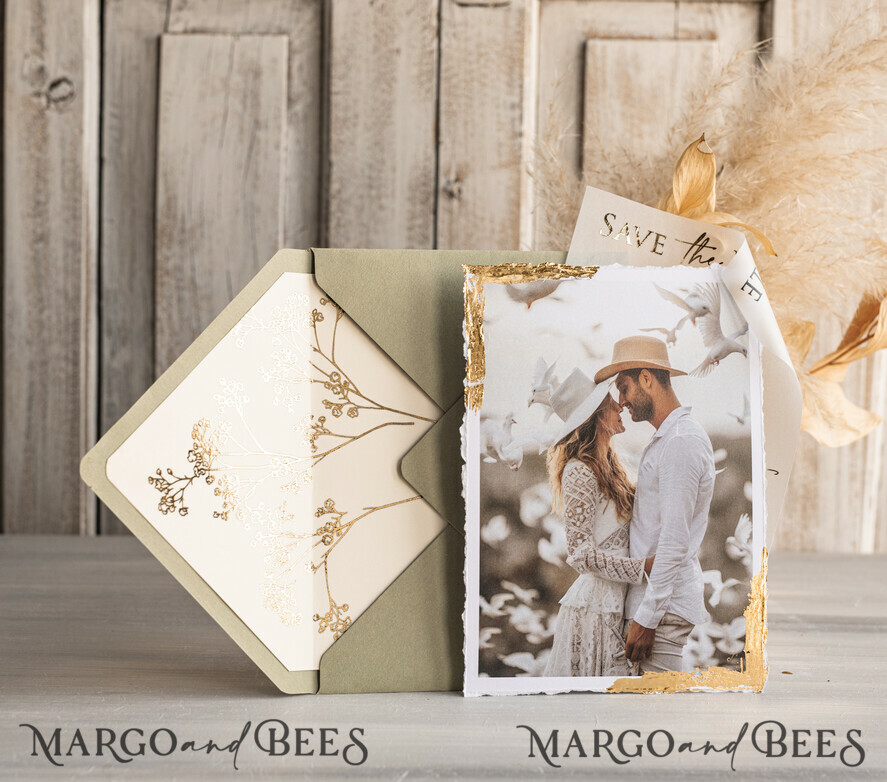 SAVE THE DATES photo vellum plexi  Sage green  and Gold Deckled Edges Save the Date Cards with Photo, Boho Vellum Golden Save Our Dates with Photo 