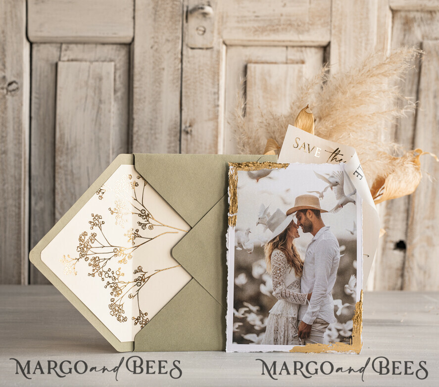 SAVE THE DATES photo vellum plexi  Sage green  and Gold Deckled Edges Save the Date Cards with Photo, Boho Vellum Golden Save Our Dates with Photo 