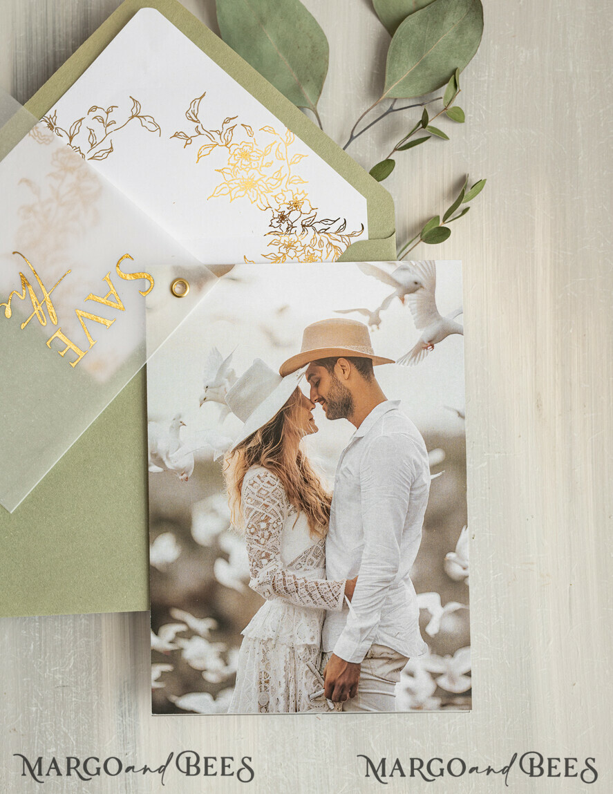 SAVE THE DATES photo vellum plexi  sage green Gold eucalyptus Save the Date Cards with Photo, Vellum Save Our Dates with Photo Gold Foil Calendar Cards 