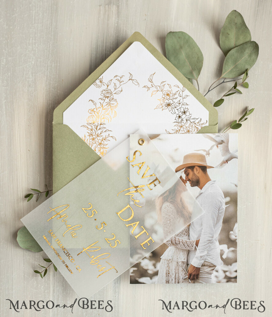 SAVE THE DATES photo vellum plexi  sage green Gold eucalyptus Save the Date Cards with Photo, Vellum Save Our Dates with Photo Gold Foil Calendar Cards 