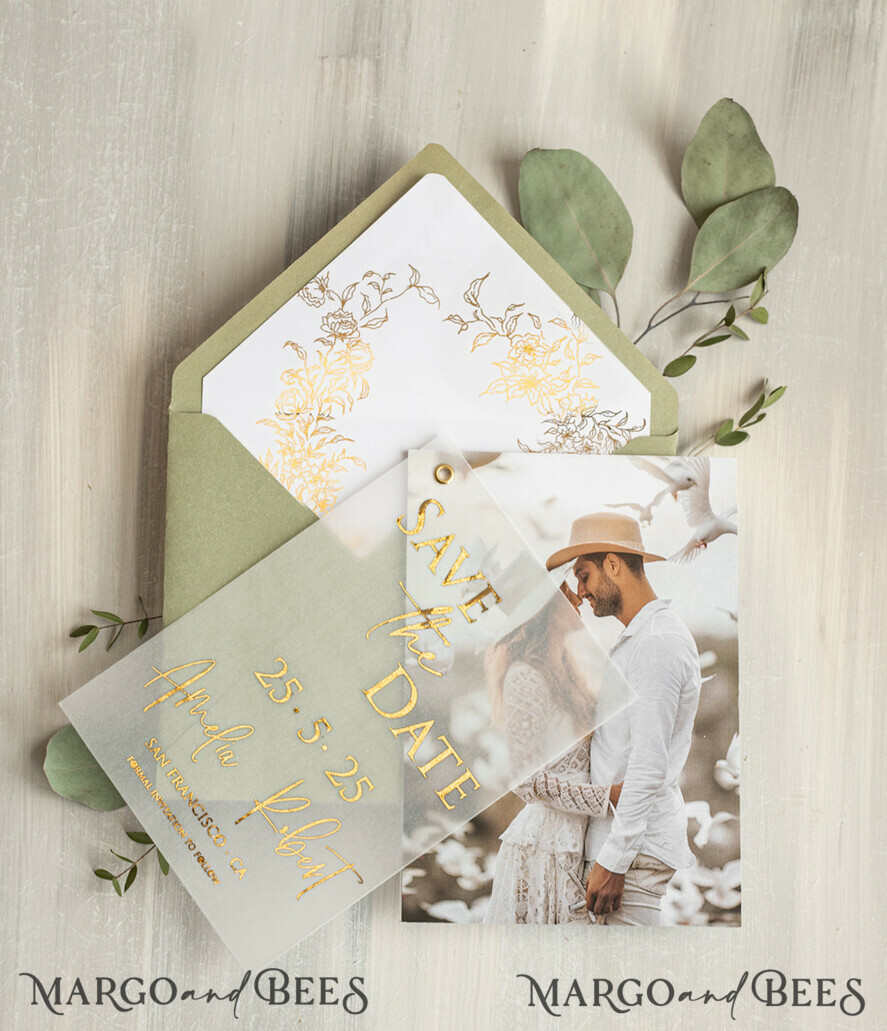 SAVE THE DATES photo vellum plexi  sage green Gold eucalyptus Save the Date Cards with Photo, Vellum Save Our Dates with Photo Gold Foil Calendar Cards 