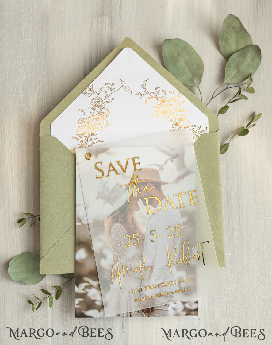 SAVE THE DATES photo vellum plexi  sage green Gold eucalyptus Save the Date Cards with Photo, Vellum Save Our Dates with Photo Gold Foil Calendar Cards 