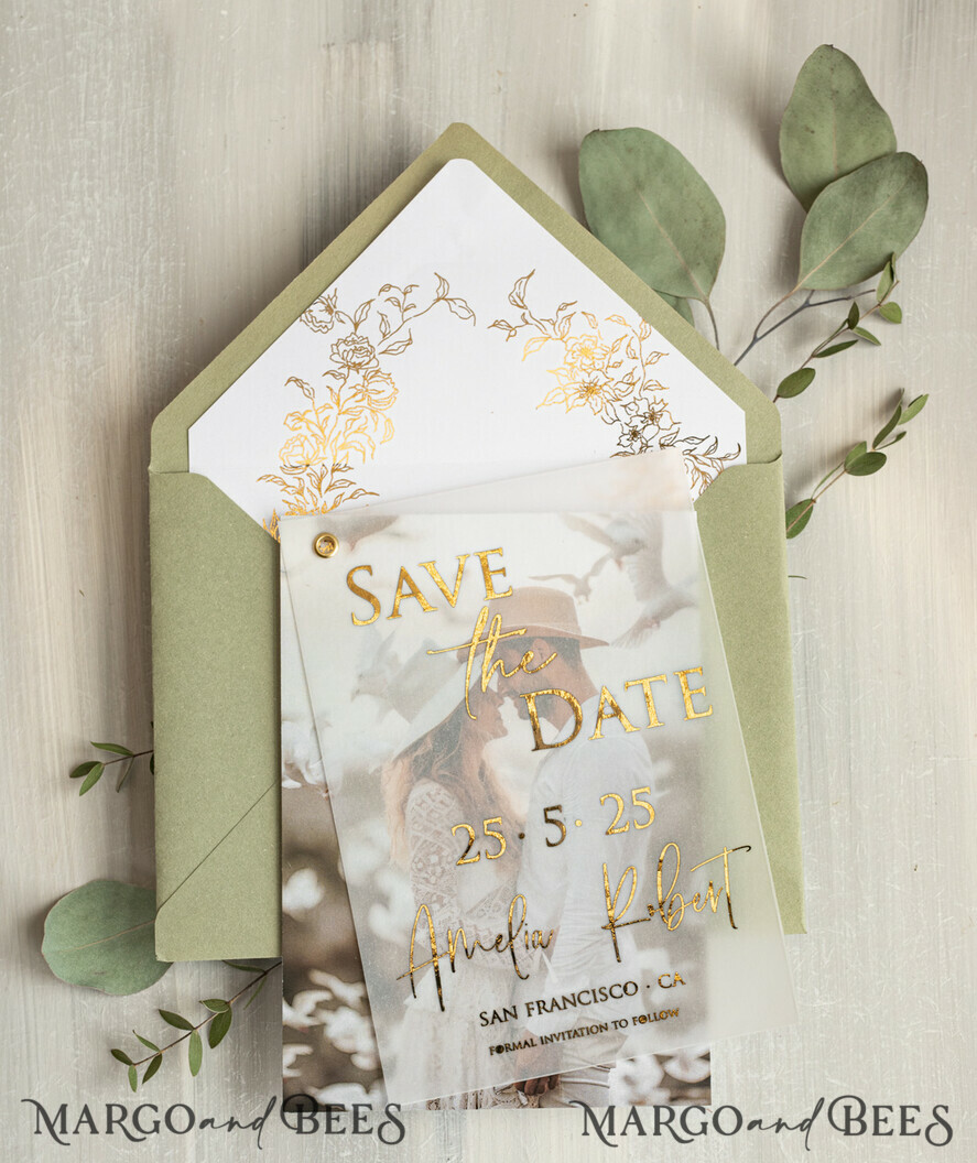 SAVE THE DATES photo vellum plexi  sage green Gold eucalyptus Save the Date Cards with Photo, Vellum Save Our Dates with Photo Gold Foil Calendar Cards 