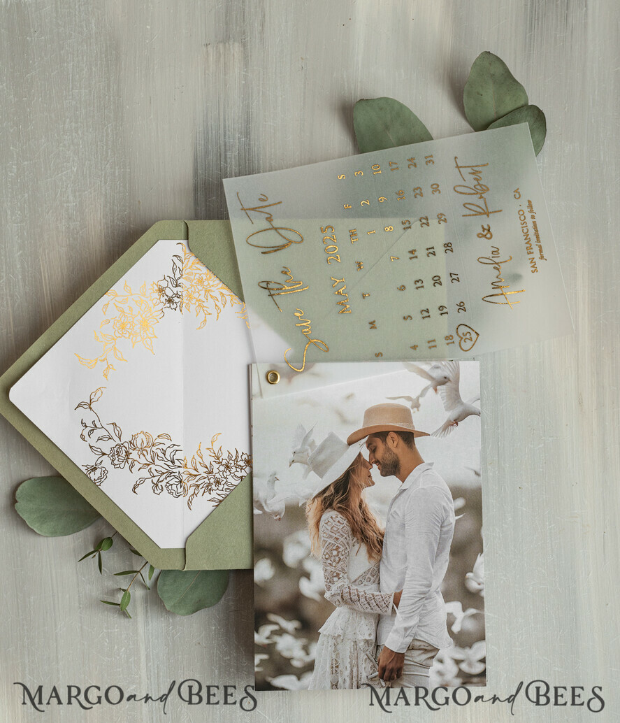 SAVE THE DATES photo vellum plexi  sage green Gold Calendar Save the Date Cards with Photo, Vellum Save Our Dates with Photo Gold Foil Calendar Cards 
