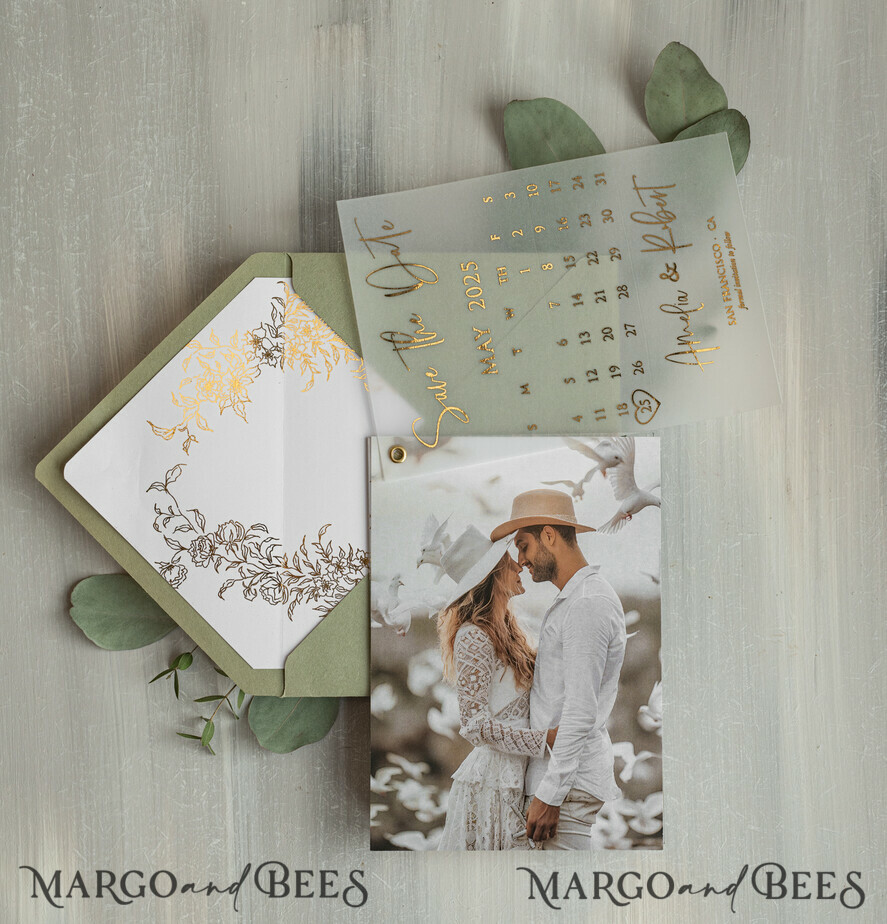 SAVE THE DATES photo vellum plexi  sage green Gold Calendar Save the Date Cards with Photo, Vellum Save Our Dates with Photo Gold Foil Calendar Cards 