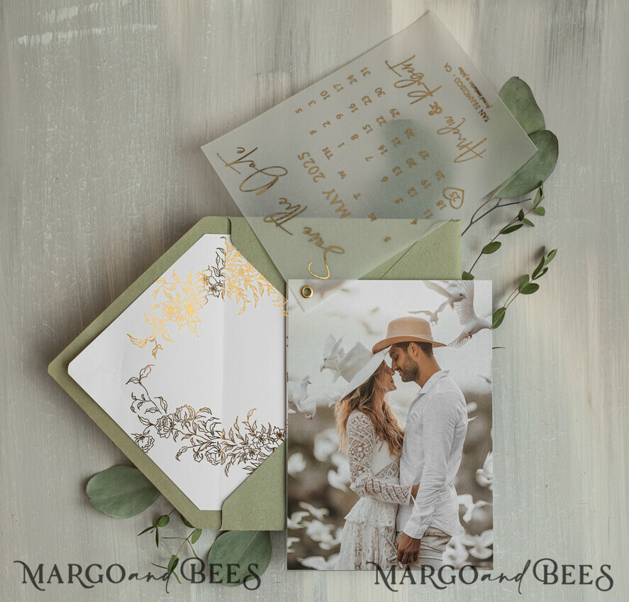 SAVE THE DATES photo vellum plexi  sage green Gold Calendar Save the Date Cards with Photo, Vellum Save Our Dates with Photo Gold Foil Calendar Cards 