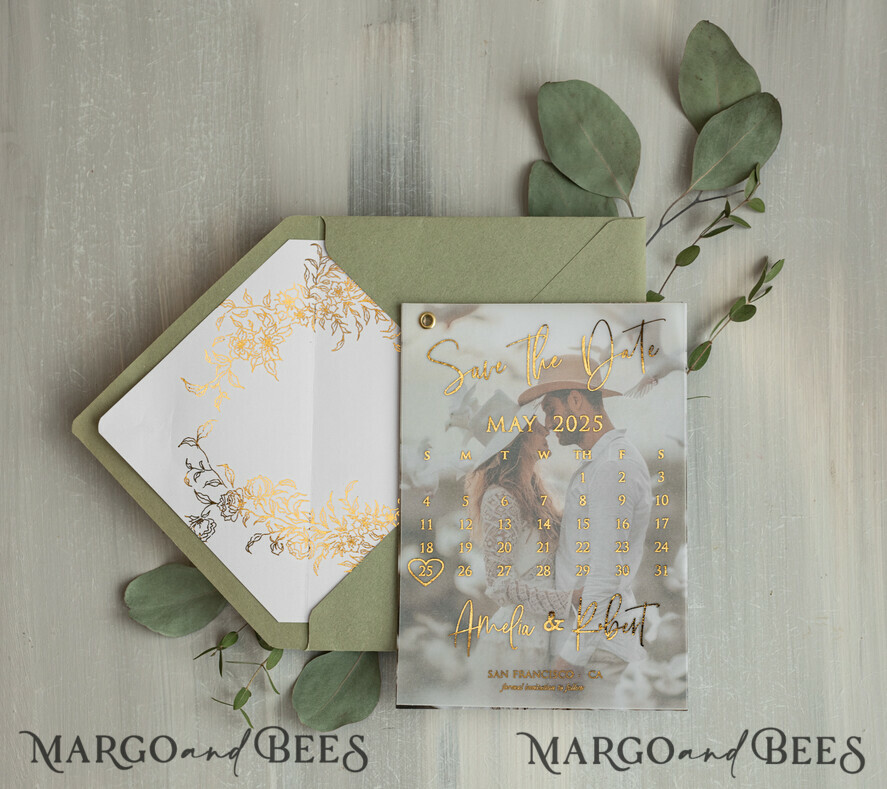 SAVE THE DATES photo vellum plexi  sage green Gold Calendar Save the Date Cards with Photo, Vellum Save Our Dates with Photo Gold Foil Calendar Cards 