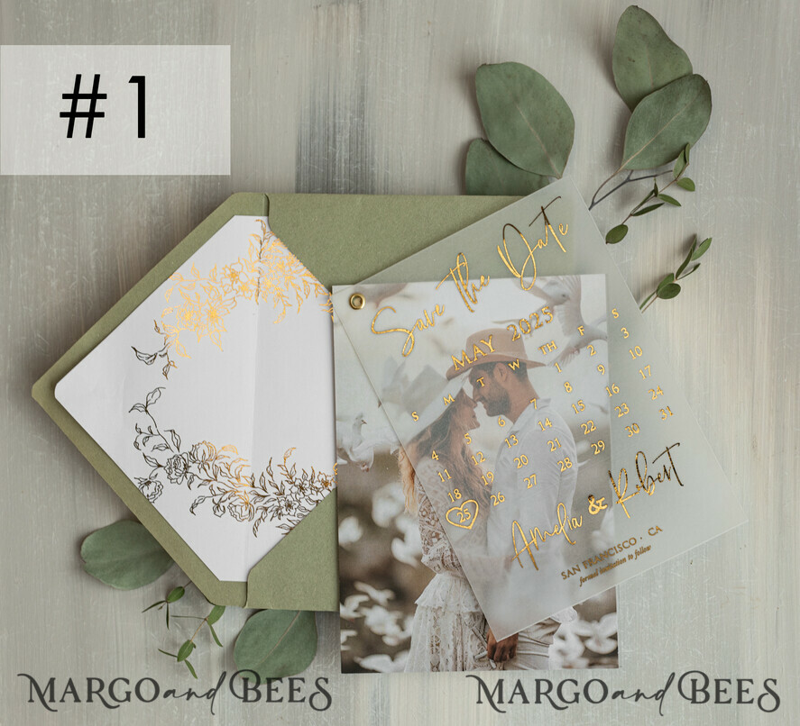 SAVE THE DATES photo vellum plexi  sage green Gold Calendar Save the Date Cards with Photo, Vellum Save Our Dates with Photo Gold Foil Calendar Cards 