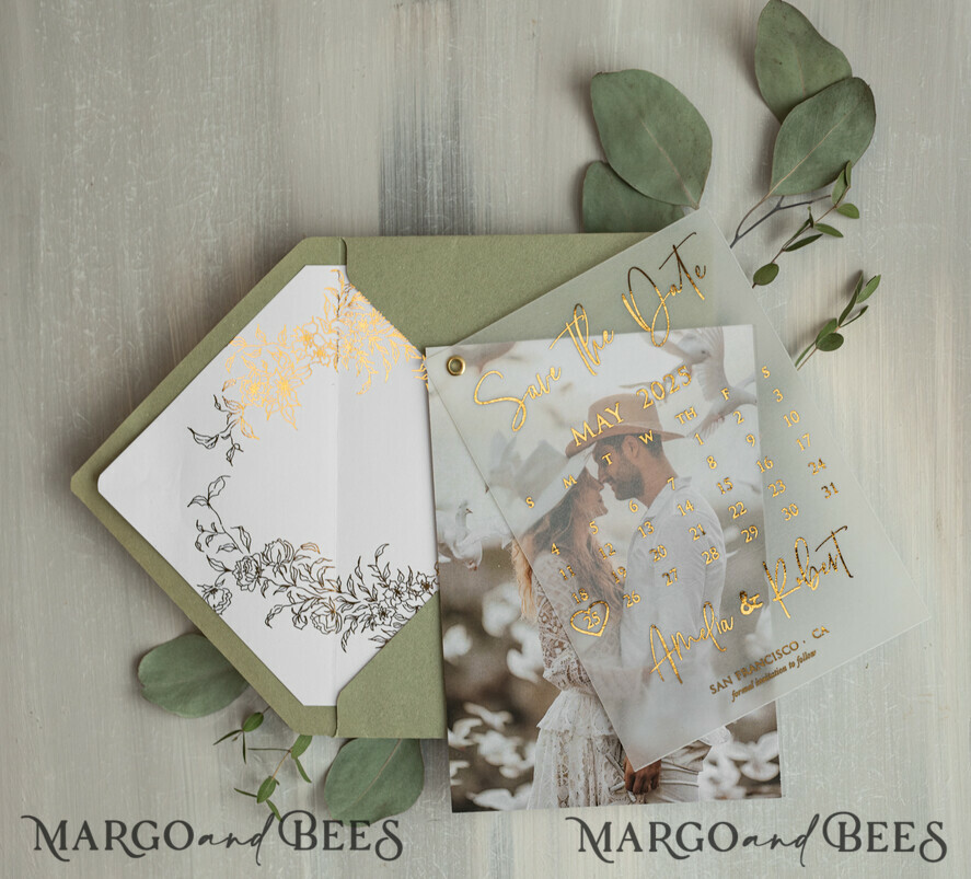 SAVE THE DATES photo vellum plexi  sage green Gold Calendar Save the Date Cards with Photo, Vellum Save Our Dates with Photo Gold Foil Calendar Cards 