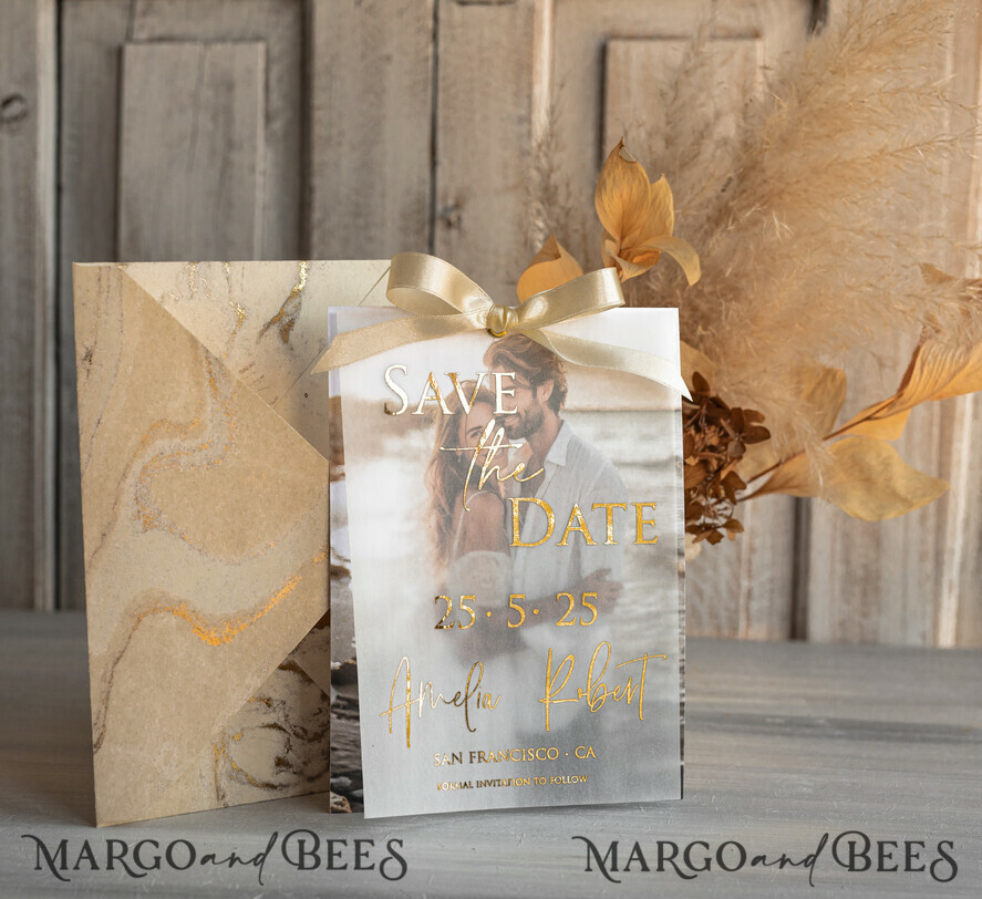 SAVE THE DATES photo vellum plexi  Ivory Gold Marble Save the Date Cards with Photo, Vellum Save Our Dates with Photo Gold Foil Calendar Cards 