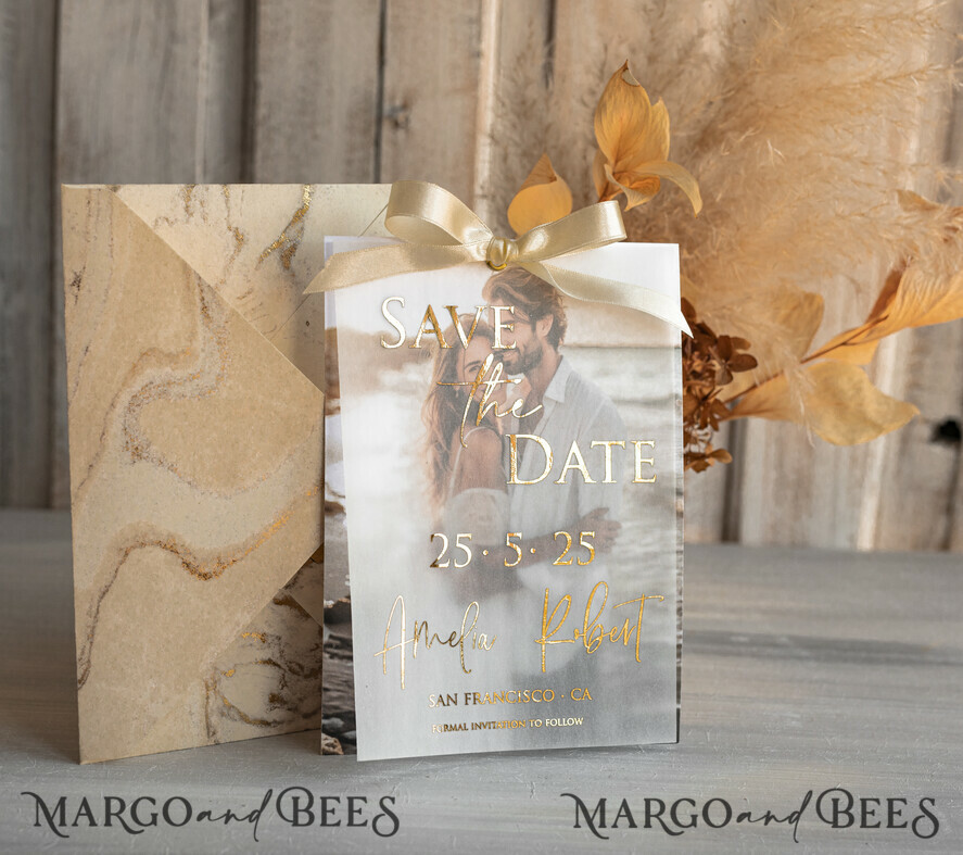 SAVE THE DATES photo vellum plexi  Ivory Gold Marble Save the Date Cards with Photo, Vellum Save Our Dates with Photo Gold Foil Calendar Cards 