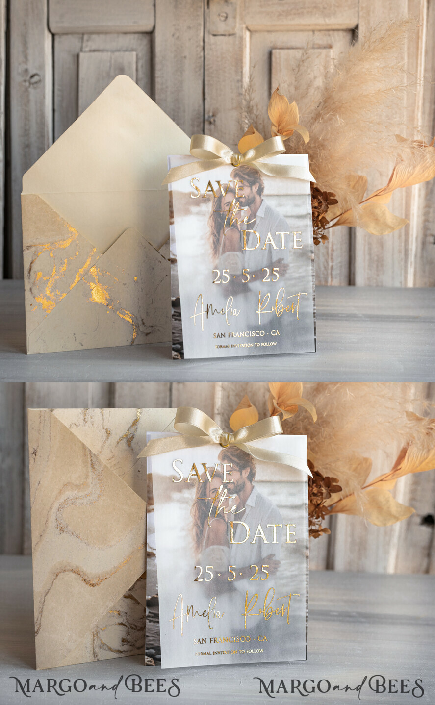 SAVE THE DATES photo vellum plexi  Ivory Gold Marble Save the Date Cards with Photo, Vellum Save Our Dates with Photo Gold Foil Calendar Cards 