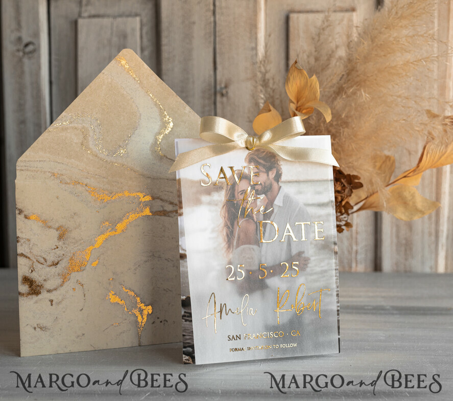 SAVE THE DATES photo vellum plexi  Ivory Gold Marble Save the Date Cards with Photo, Vellum Save Our Dates with Photo Gold Foil Calendar Cards 