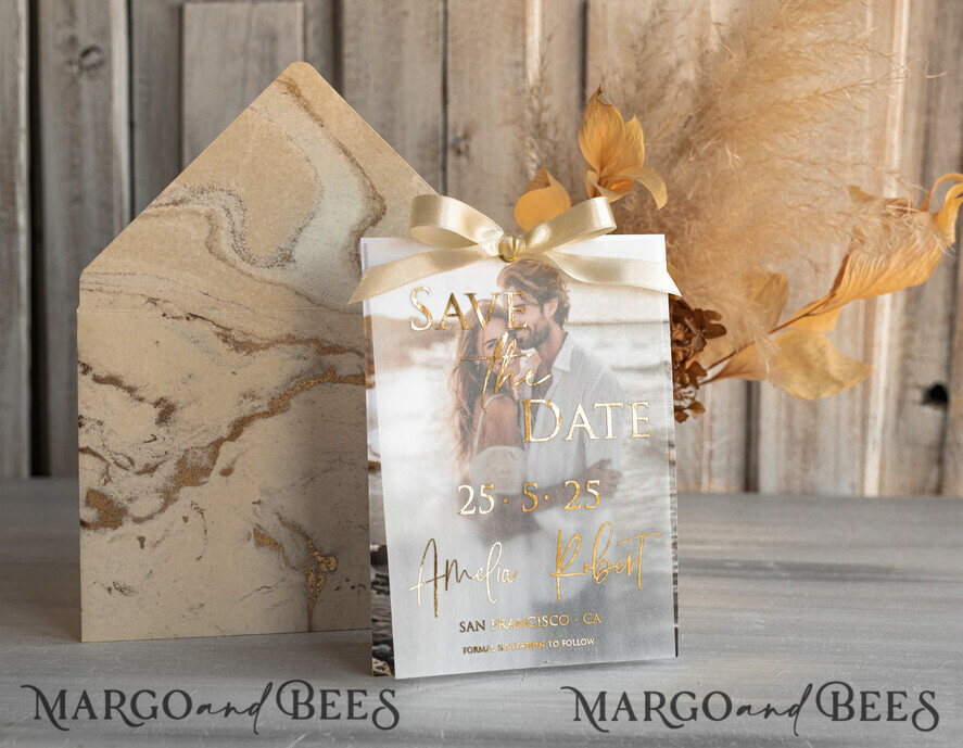 SAVE THE DATES photo vellum plexi  Ivory Gold Marble Save the Date Cards with Photo, Vellum Save Our Dates with Photo Gold Foil Calendar Cards 