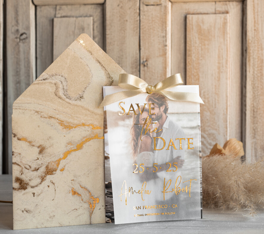SAVE THE DATES photo vellum plexi  Ivory Gold Marble Save the Date Cards with Photo, Vellum Save Our Dates with Photo Gold Foil Calendar Cards 
