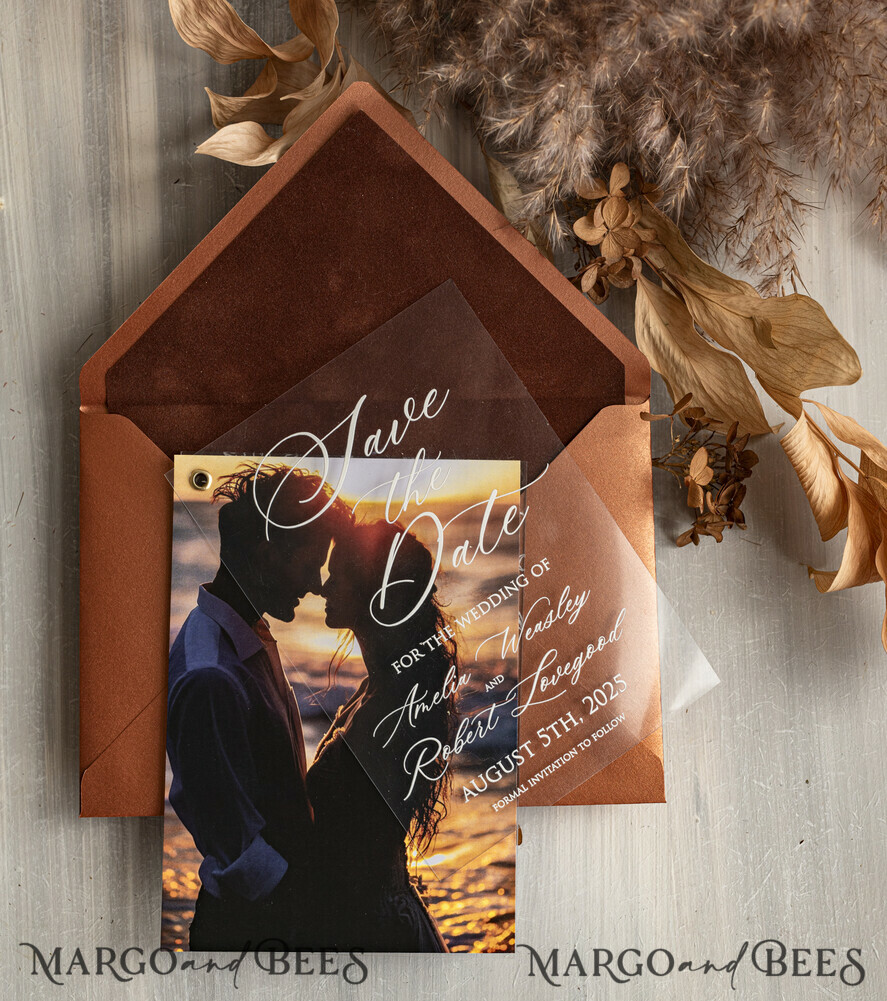 SAVE THE DATES photo vellum plexi  Terracotta Velvet Save the Date Cards with Photo, Plexi Clear Save Our Dates with Photo 